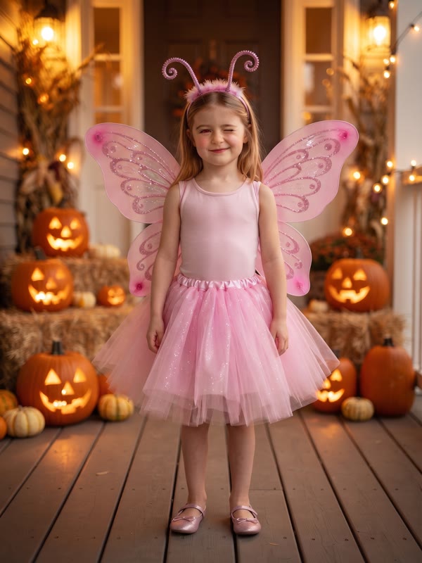 AI version: pink fairy costume on a pumpkin porch