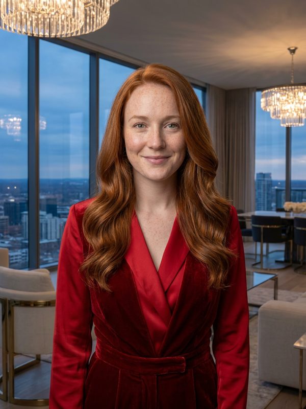 Versión IA: traje de diseñador en un penthouse de lujo
