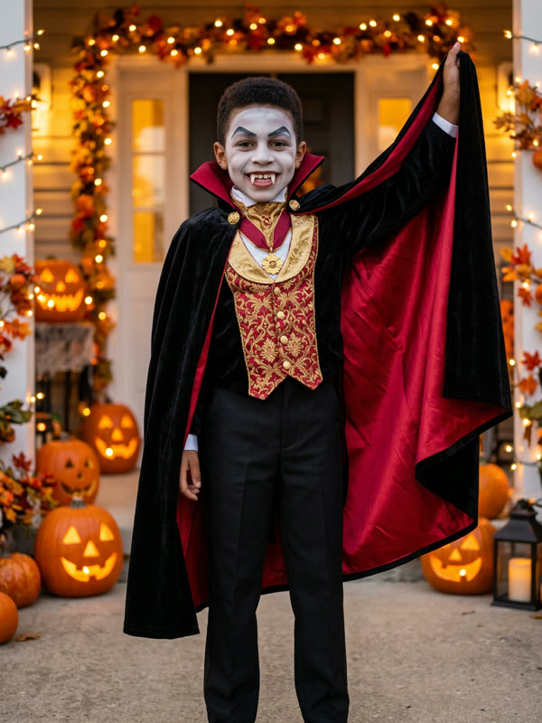 AI version: velvet Dracula costume on a pumpkin porch
