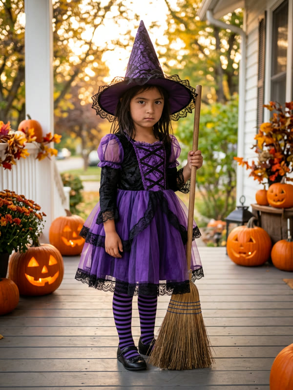 AI version: purple witch dress and hat on a pumpkin porch