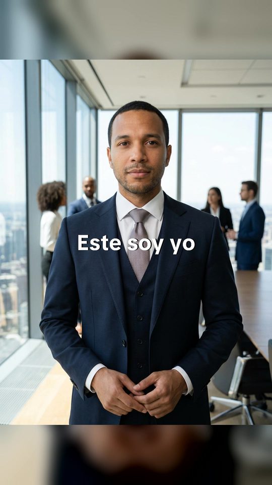 Foto 1: la versión IA en una sala de juntas con el texto «Este soy yo»