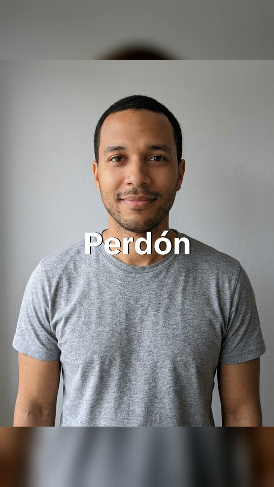 Foto 3: la foto real con camiseta gris y el texto «Perdón»